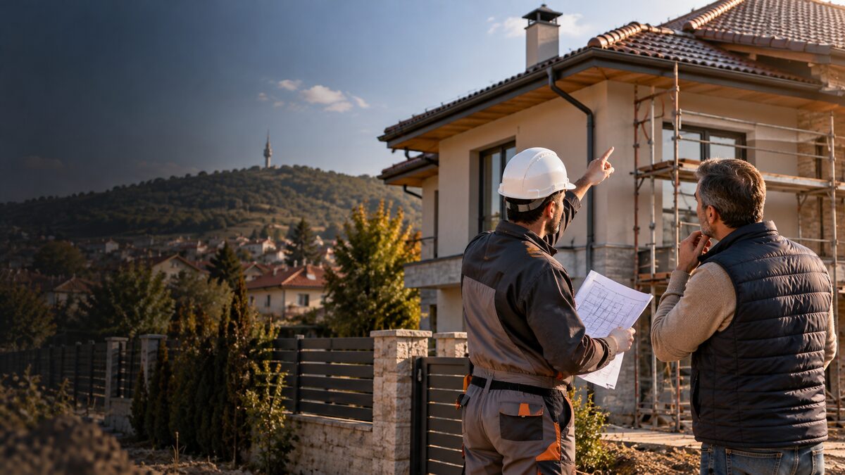 Оглед на място – майстор от Хюсеин Строй с клиент пред къща в Шумен